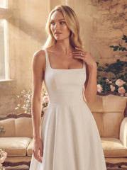 A Line Square Neckline Sleeveless Court Train Satin Wedding Dress with Pockets