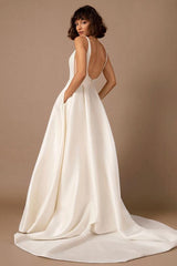A-Line Square Neckline Sleeveless Satin Court Train Beach Wedding Dresses With Pleated Pockets