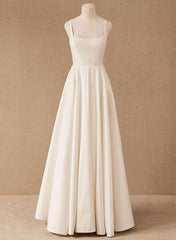 A-Line Square Neckline Sleeveless Satin Court Train Beach Wedding Dresses With Pleated Pockets