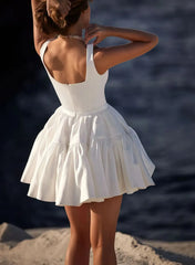 A Line Square Neckline Sleeveless Short Mini Matte Satin Wedding Dress