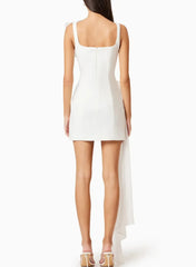 A Line Square Neckline Sleeveless Short Mini Satin Tulle Wedding Dress with Side Drape