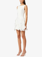 A Line Square Neckline Sleeveless Short Mini Satin Wedding Dress with Flower