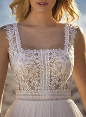 A-Line Square Neckline Sleeveless Sweep Train Chiffon/Lace Beach Wedding Dresses
