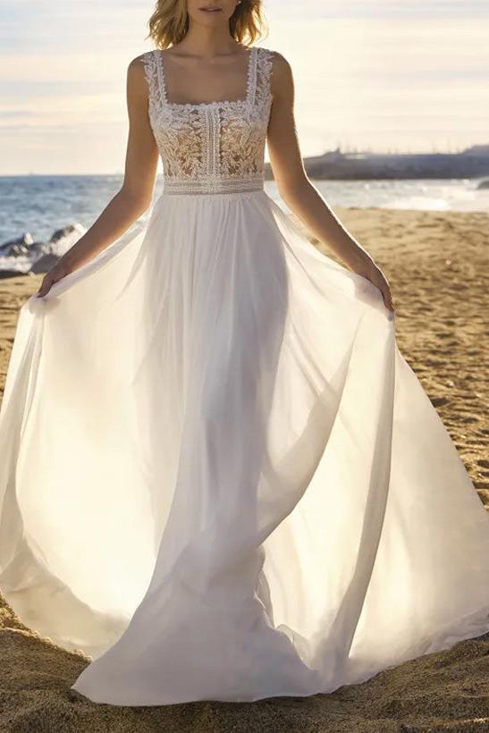 A-Line Square Neckline Sleeveless Sweep Train Chiffon/Lace Beach Wedding Dresses