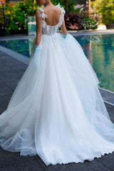 A-Line Square Neckline Sleeveless Sweep Train Lace/Tulle Bridal Gowns
