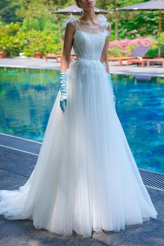 A-Line Square Neckline Sleeveless Sweep Train Lace/Tulle Bridal Gowns