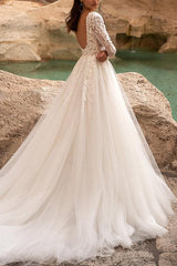 A-Line Square Neckline Tulle Wedding Dresses With Appliques Lace