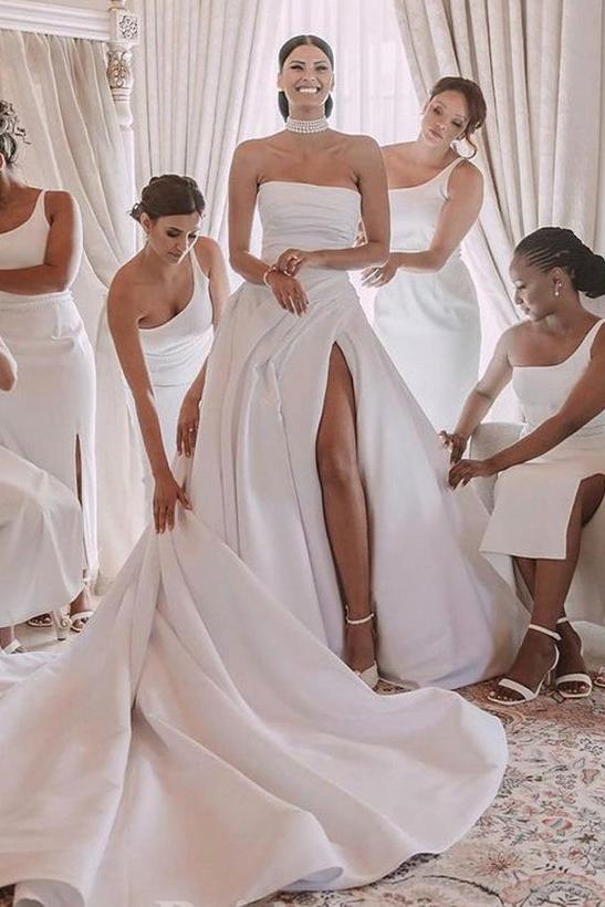 A-Line Strapless Chapel Train Elegant Satin Wedding Dresses With Front Split