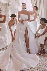 A-Line Strapless Chapel Train Elegant Satin Wedding Dresses With Front Split