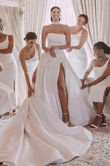 A-Line Strapless Chapel Train Elegant Satin Wedding Dresses With Front Split