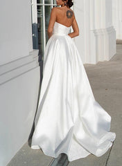 A-Line Strapless Satin Beach Wedding Dress With Split Front Bow