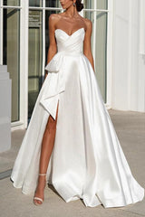 A-Line Strapless Satin Wedding Dress With Split Front Bow