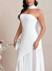 A Line Strapless Sleeveless Floor Length Chiffon Elastic Satin Wedding Dress