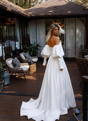 A-Line Strapless Sweep Train Satin Beach Wedding Dress With Front Split