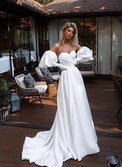 A-Line Strapless Sweep Train Satin Beach Wedding Dress With Front Split