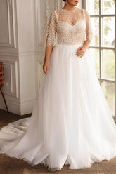 A-Line Sweep Train Chiffon/Lace Wedding Dresses - Plus Size