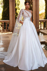 A-Line Sweep Train Satin Wedding Dresses With Appliques Lace