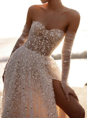 A Line Sweetheart Detachable Sleeves Court Train Lace Wedding Dress with Appliques and High Slit