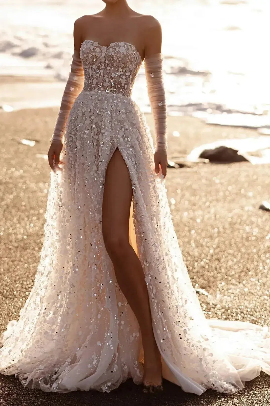 A Line Sweetheart Detachable Sleeves Court Train Lace Wedding Dress with Appliques and High Slit