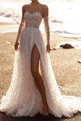 A Line Sweetheart Detachable Sleeves Court Train Lace Wedding Dress with Appliques and High Slit