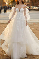 A-Line Sweetheart Long Sleeves Sweep Train Lace/Tulle Beach Wedding Dresses With Lace