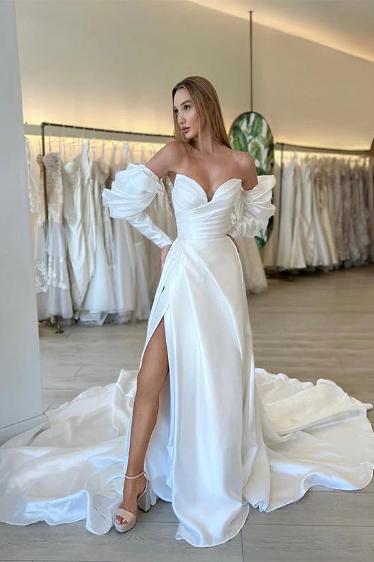 A-Line Sweetheart Long Sleeves Wedding Dresses With Split Front