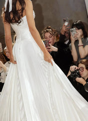 A Line Sweetheart Sleeveless Sweep Train Silk Like Satin Wedding Dress with Pleats