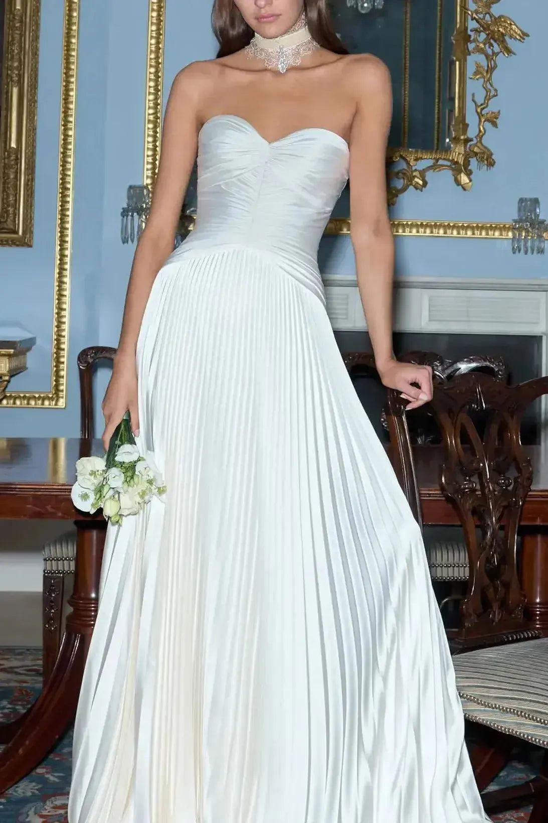 A Line Sweetheart Sleeveless Sweep Train Silk Like Satin Wedding Dress with Pleats