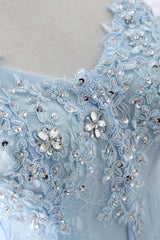 A Line Sweetheart Tulle Sky Blue Prom Party Gowns With Sequins