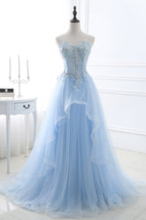 A Line Sweetheart Tulle Sky Blue Prom Party Gowns With Sequins