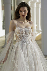 A Line Tulle Lace Spaghetti Straps Sleeve White Wedding Dress Bridal Gown With Appliques