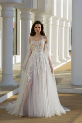 A Line Tulle Lace Spaghetti Straps Sleeve White Wedding Dress Bridal Gown With Appliques