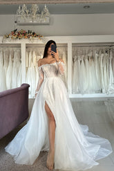 A Line Tulle Lace Strapless Long Sleeve White Wedding Dress Bridal Gown With Split Front
