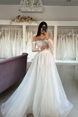 A Line Tulle Lace Strapless Sleeve White Wedding Dress Bridal Gown With Split Front
