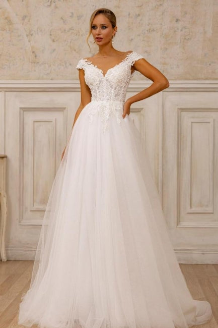 A Line Tulle Lace V Neck Sleeveless White Wedding Dress Bridal Gown With Appliques