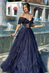 A Line Tulle Off The Shoulder Sleeveless Formal Dress With Appliques