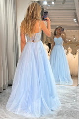 A Line Tulle Prom Dress Light Blue Long Corset Evening Dress