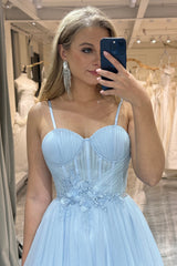 A Line Tulle Prom Dress Light Blue Long Corset Evening Dress