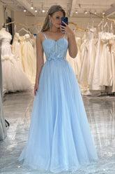 A Line Tulle Prom Dress Light Blue Long Corset Evening Dress