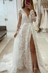 A Line Unique V Neck Sleeves Appliques Bridal Gown With Slit