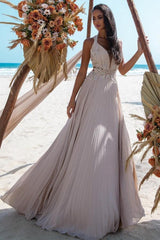 A Line V Neck Beach Wedding Dress Lace Beading Sleeveless Bridal Gown