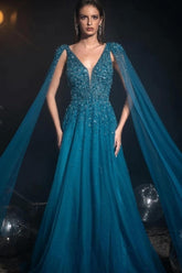 A Line V Neck Beaded Sequined Cap Sleeves Floor Length Tulle Formal Dress