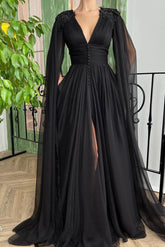 A Line V Neck Evening Dress Long Sleeve Split Front Appliques Lace Vintage Prom Dress
