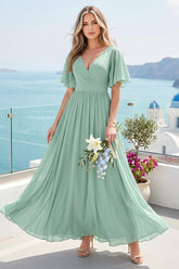 A-Line V-Neck Half Sleeves Long Chiffon Bridesmaid Dresses with Ruffles Split Side Pockets As Picture