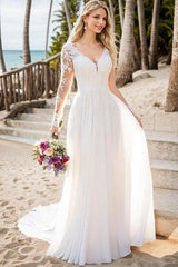 A-Line V-Neck Long Sleeves Chiffon Court Train Beach Wedding Dress With Lace:
