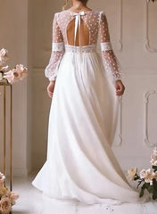 A Line V Neck Long Sleeves Floor Length Chiffon Wedding Dress with Bow and Lace