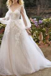 A-Line V-Neck Long Sleeves Lace Chapel Train Wedding Dresses With Appliques Lace
