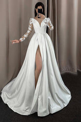 A-Line V-Neck Long Sleeves Lace/Satin Wedding Dresses With Split Front