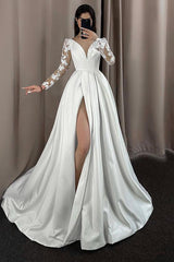 A-Line V-Neck Long Sleeves Lace/Satin Wedding Dresses With Split Front