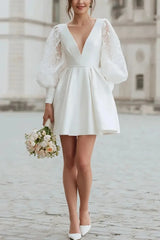 A Line V Neck Long Sleeves Short Mini Lace Elastic Satin Wedding Dress